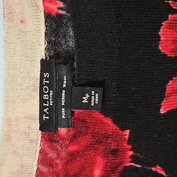 Talbots Petite Red & Black Floral Pure Merino Wool 3/4 Sleeve Top #W-875 - Picture 2 of 11